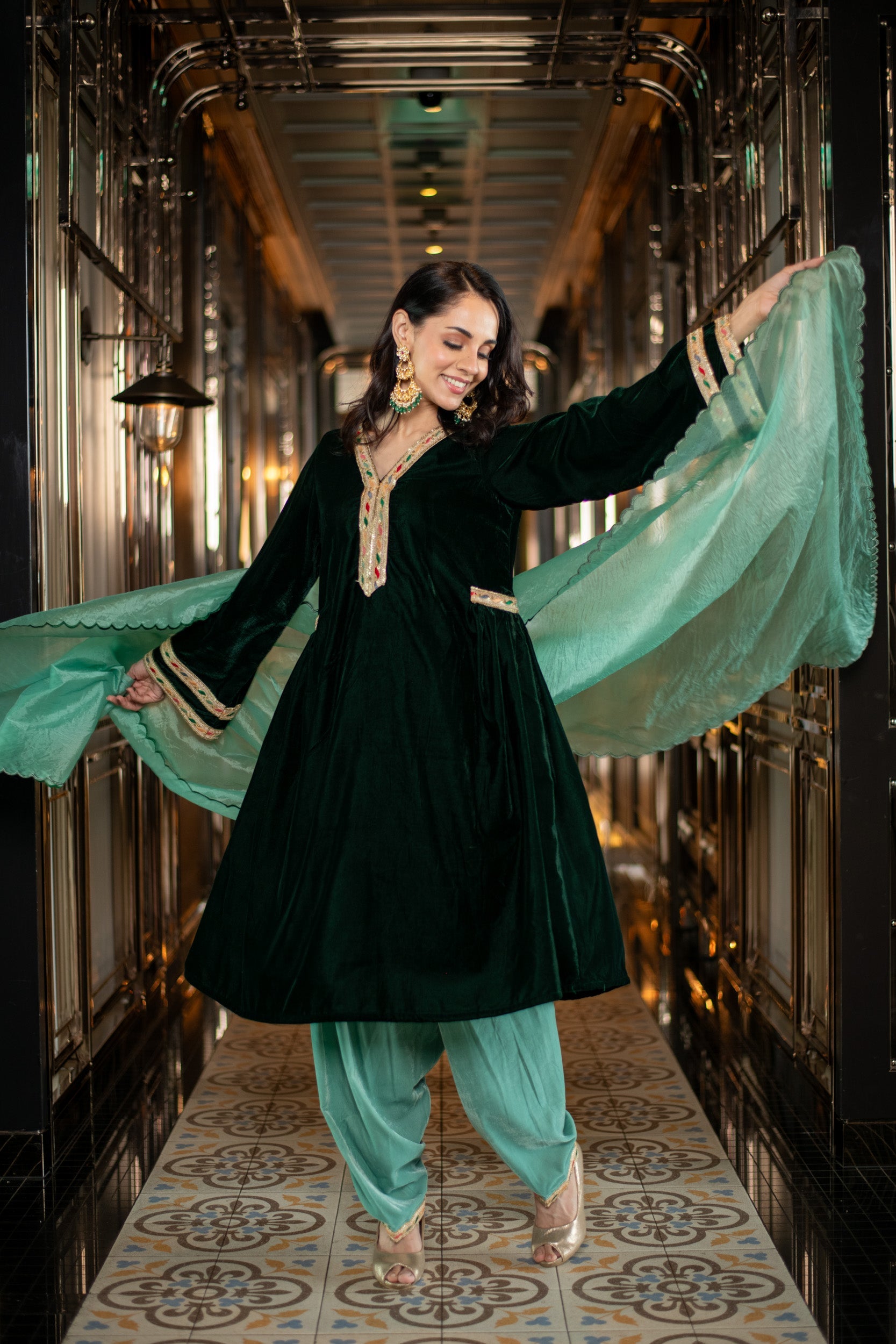 Women's Velvet Bottle Green and Mint Green Salwar Set - Label Shaurya Sanadhya
