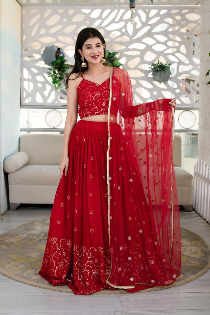 Women's Red Daman Work Lehenga (3 Pc Set)