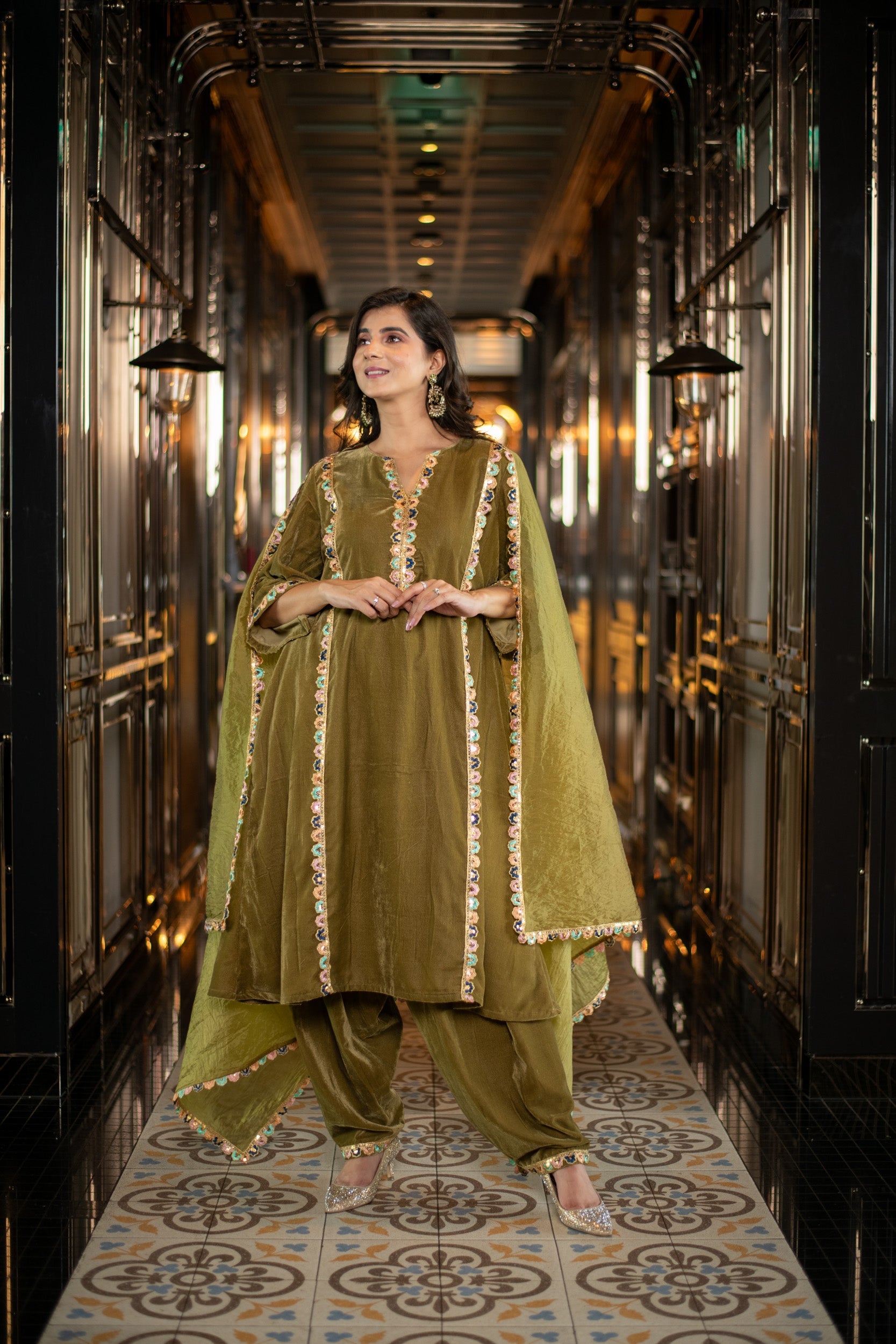 Women's Velvet Olive Green Salwar Set - Label Shaurya Sanadhya