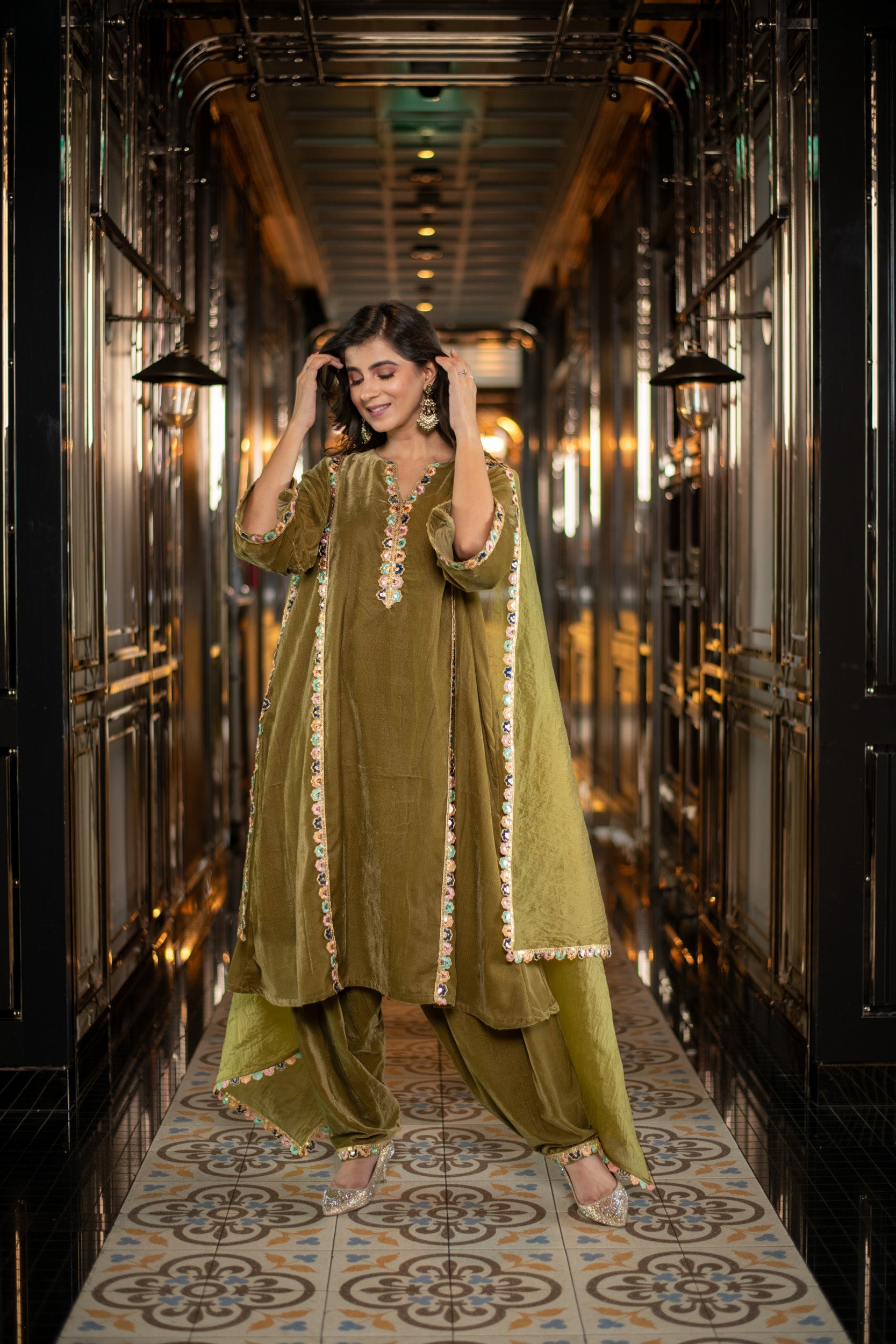 Women's Velvet Olive Green Salwar Set - Label Shaurya Sanadhya