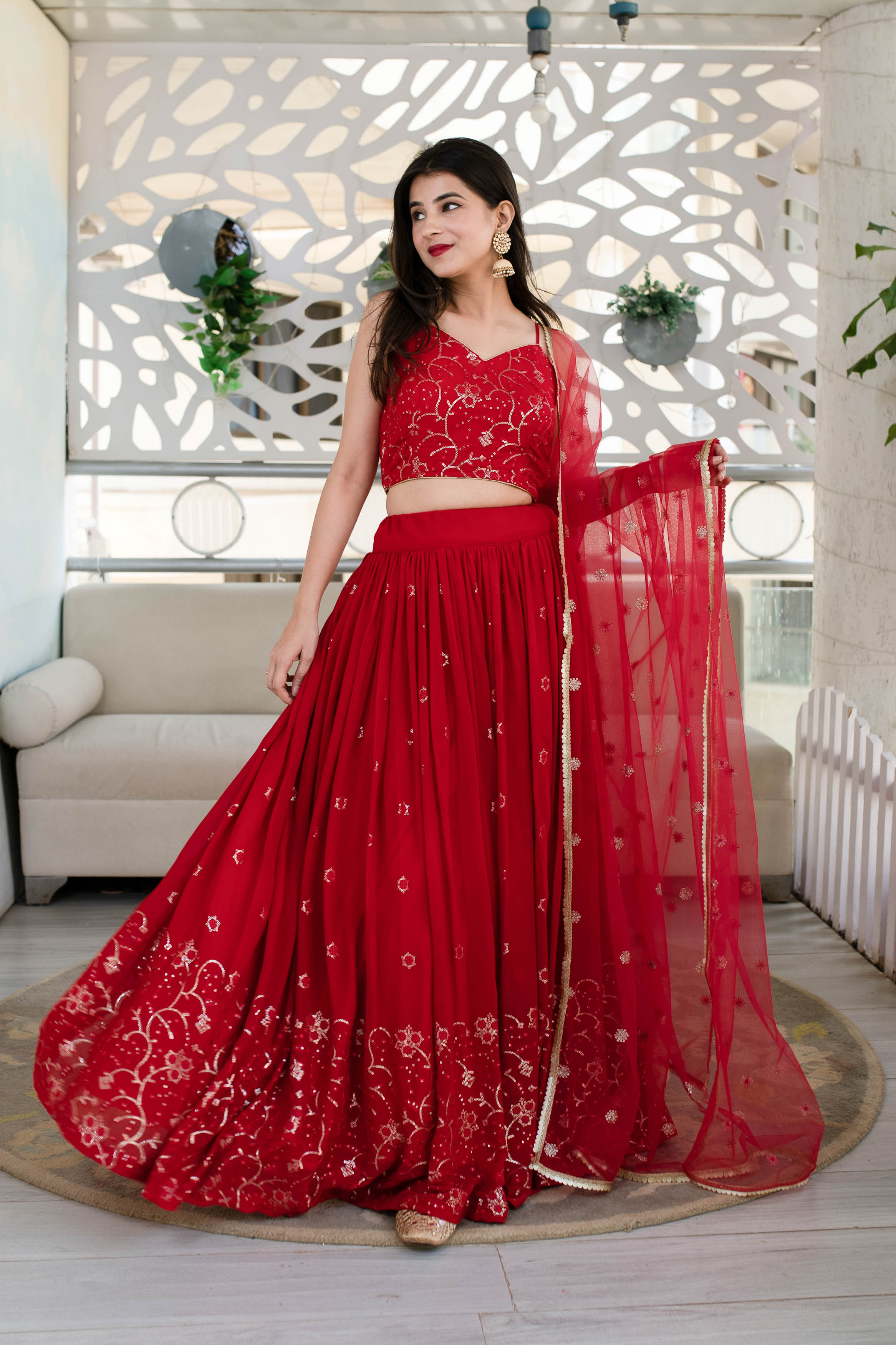 Women's Red Daman Work Lehenga (3 Pc Set)