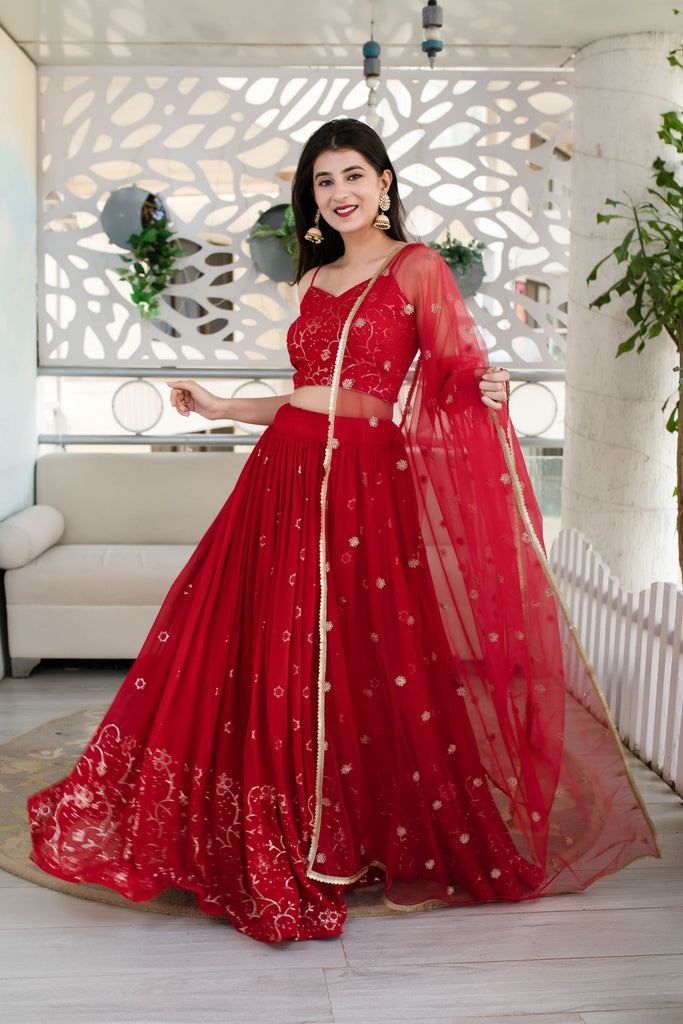 Women's Red Daman Work Lehenga (3 Pc Set)