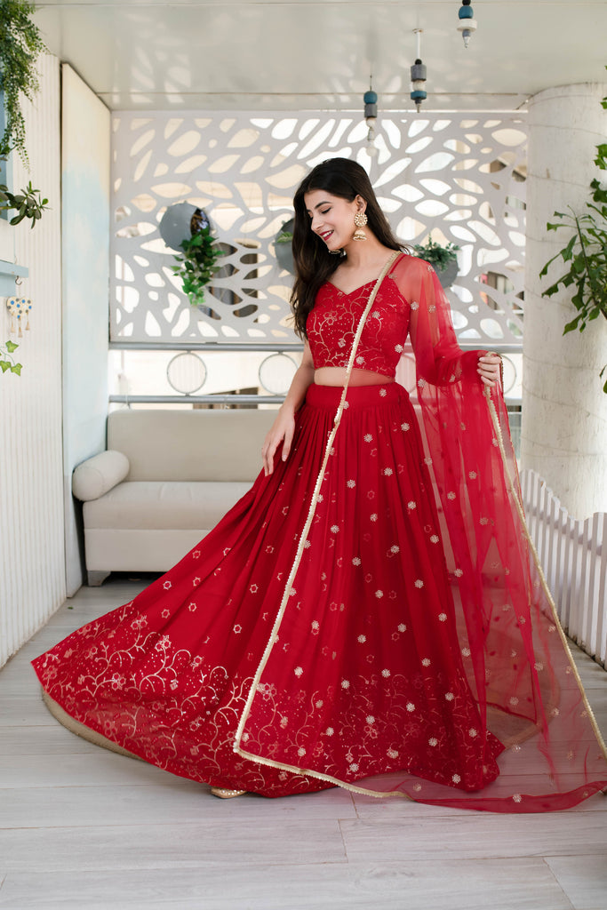 Women's Red Daman Work Lehenga (3 Pc Set)