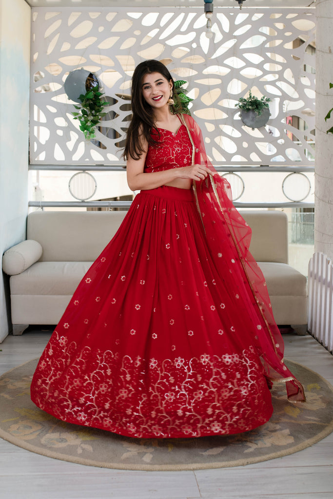 Women's Red Daman Work Lehenga (3 Pc Set)