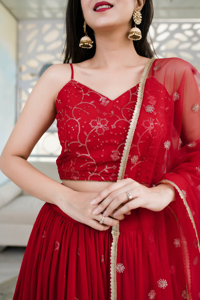 Women's Red Daman Work Lehenga (3 Pc Set)
