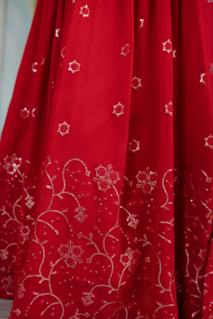 Women's Red Daman Work Lehenga (3 Pc Set)