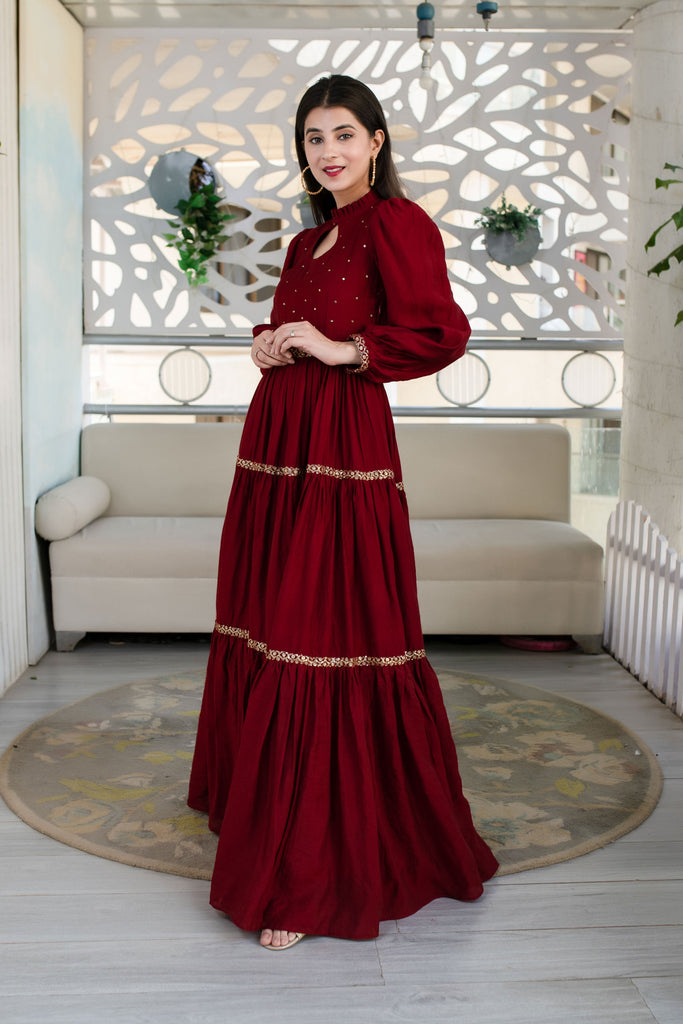 Women's Maroon Hand Work Gown