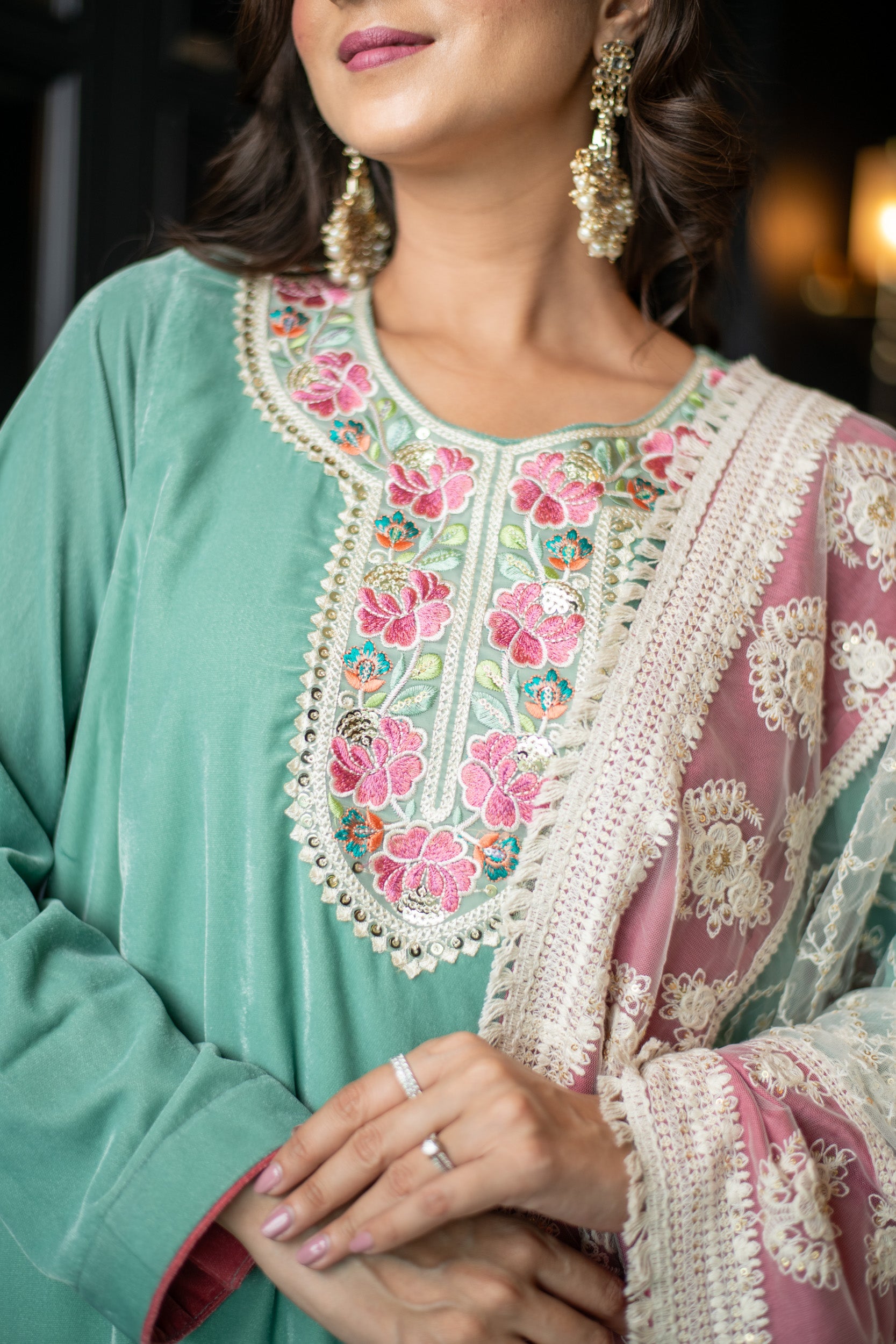 Women's Velvet Mint Green Kurta Set With Thread Work Dupatta - Label Shaurya Sanadhya