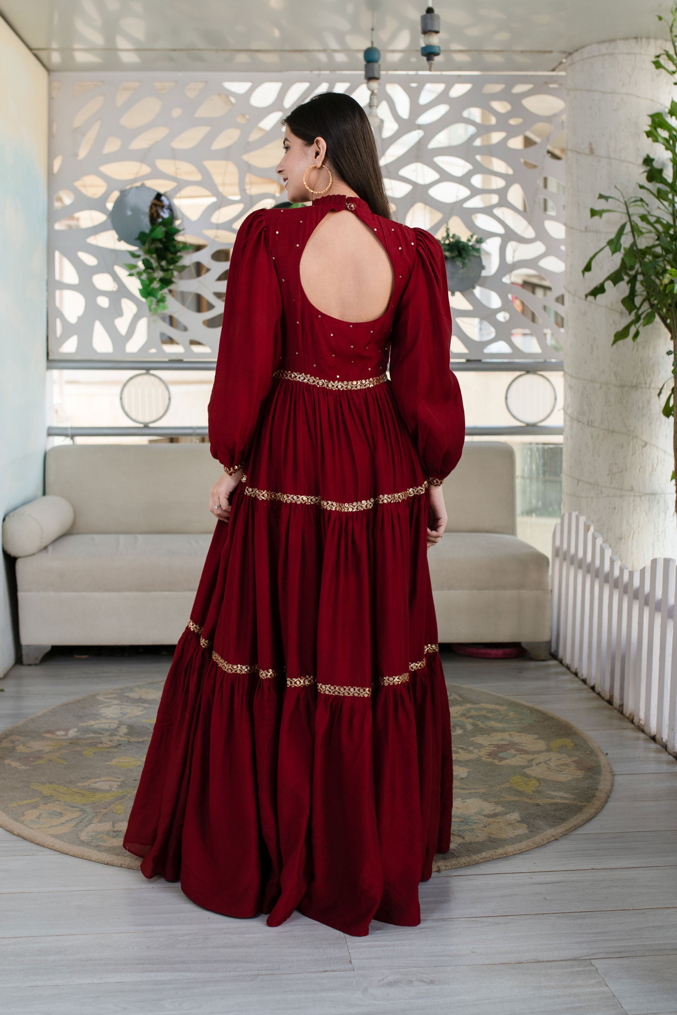 Women's Maroon Hand Work Gown - Label Shaurya Sanadhya