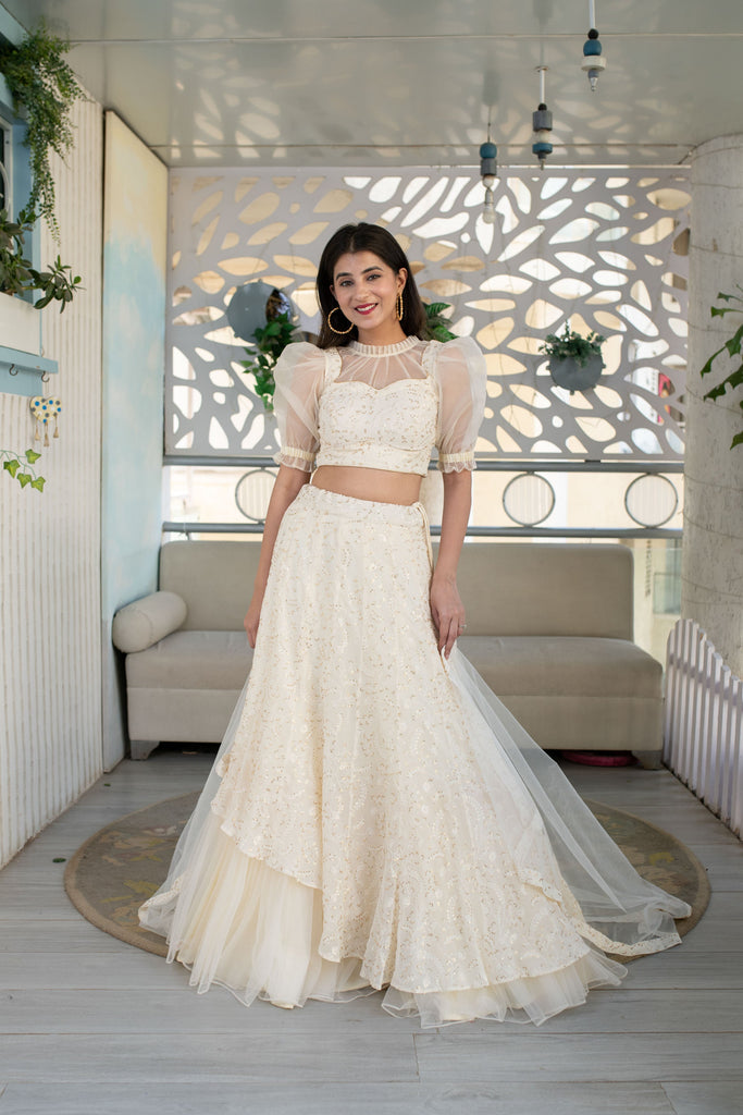 Women's Cream Lehenga ( 3 Pc Set)