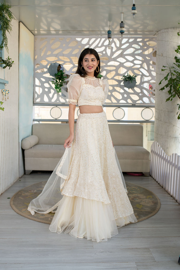 Women's Cream Lehenga ( 3 Pc Set)