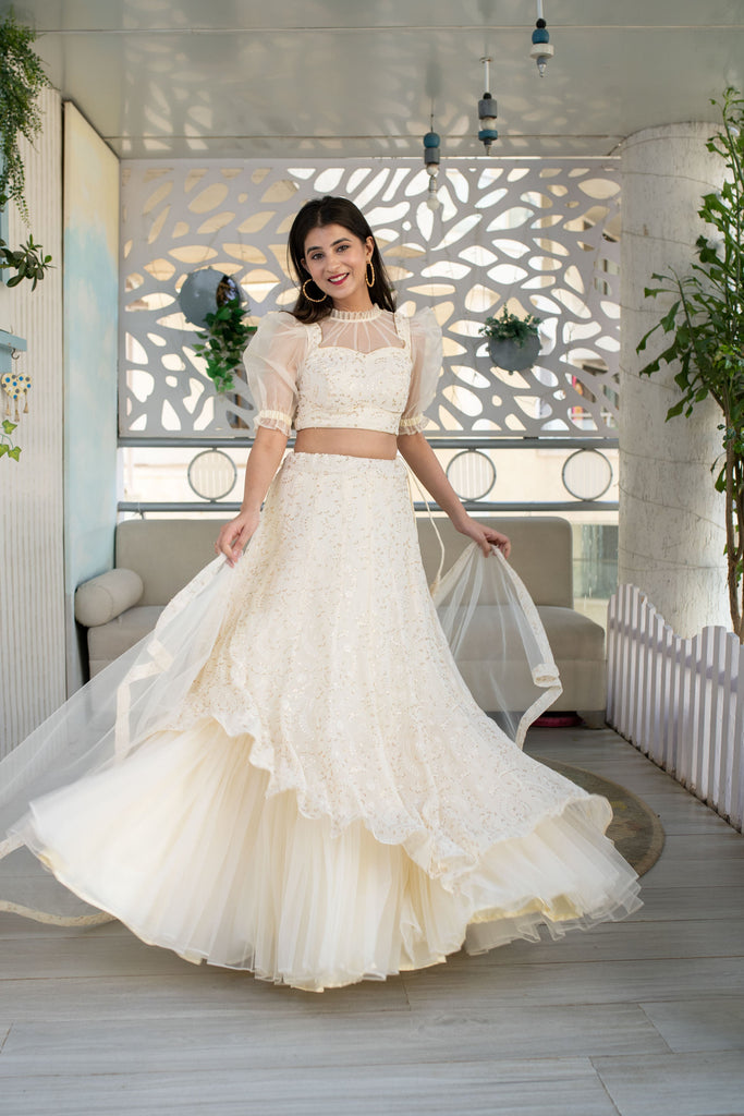 Women's Cream Lehenga ( 3 Pc Set)