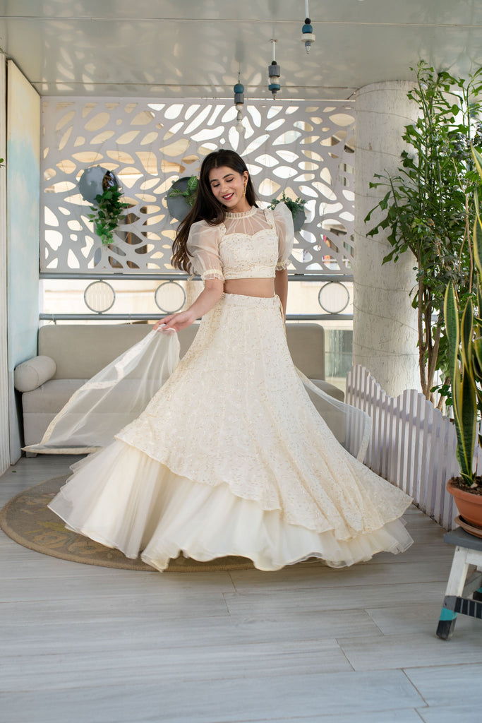 Women's Cream Lehenga ( 3 Pc Set)