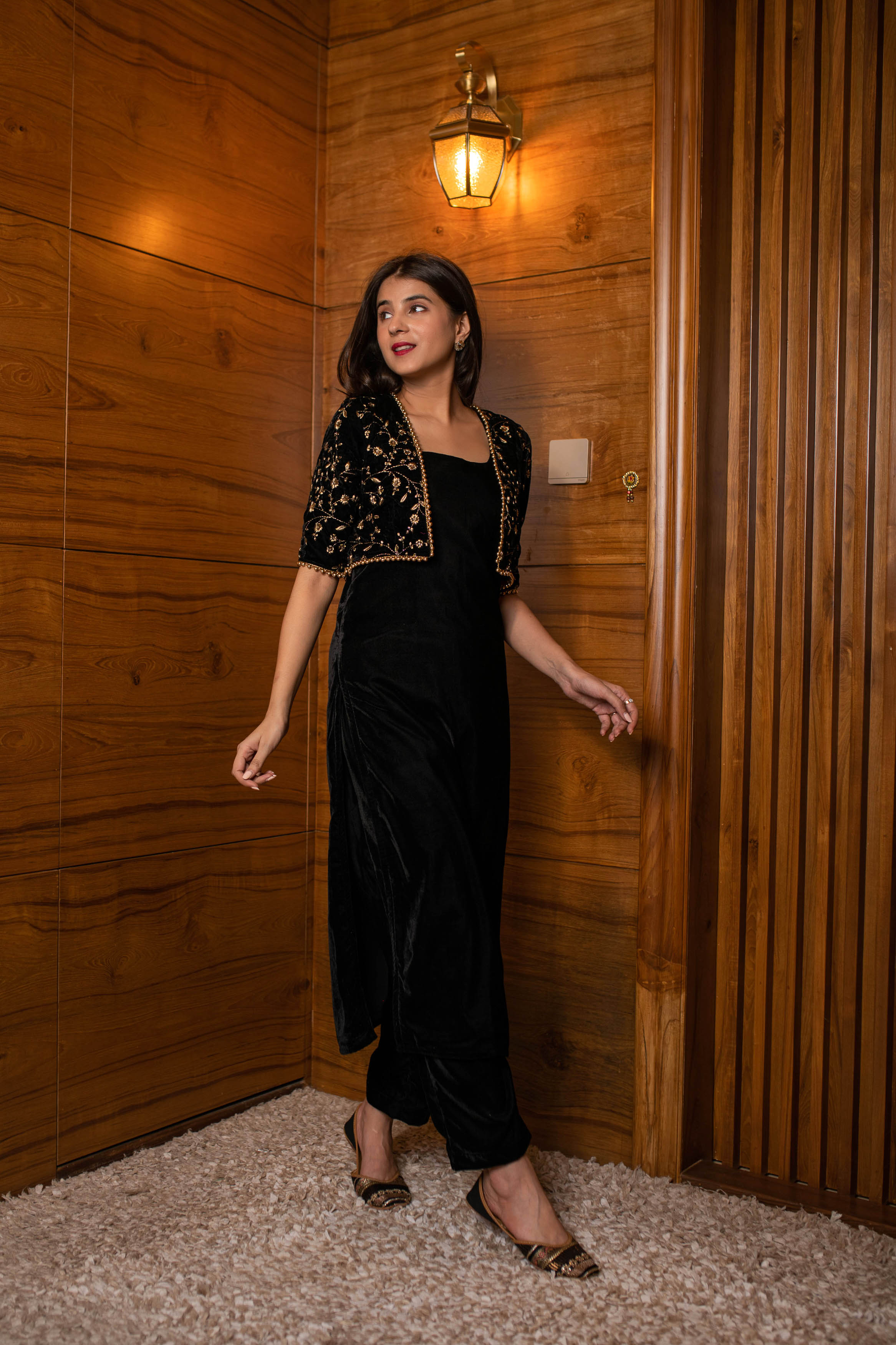 Women's Black Overcoat Velvet Set - Label Shaurya Sanadhya