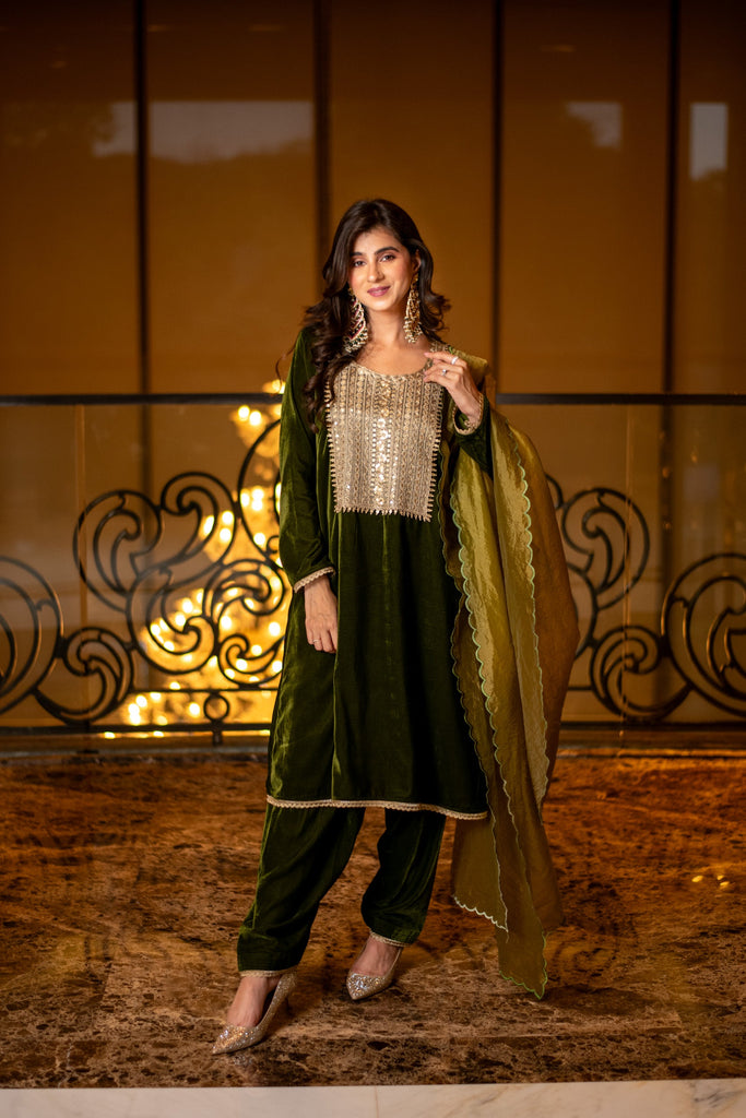 Women's Velvet Dark Olive Kurta Set