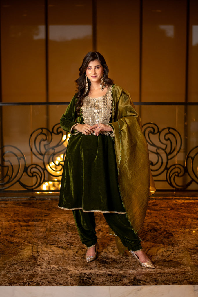 Women's Velvet Dark Olive Kurta Set