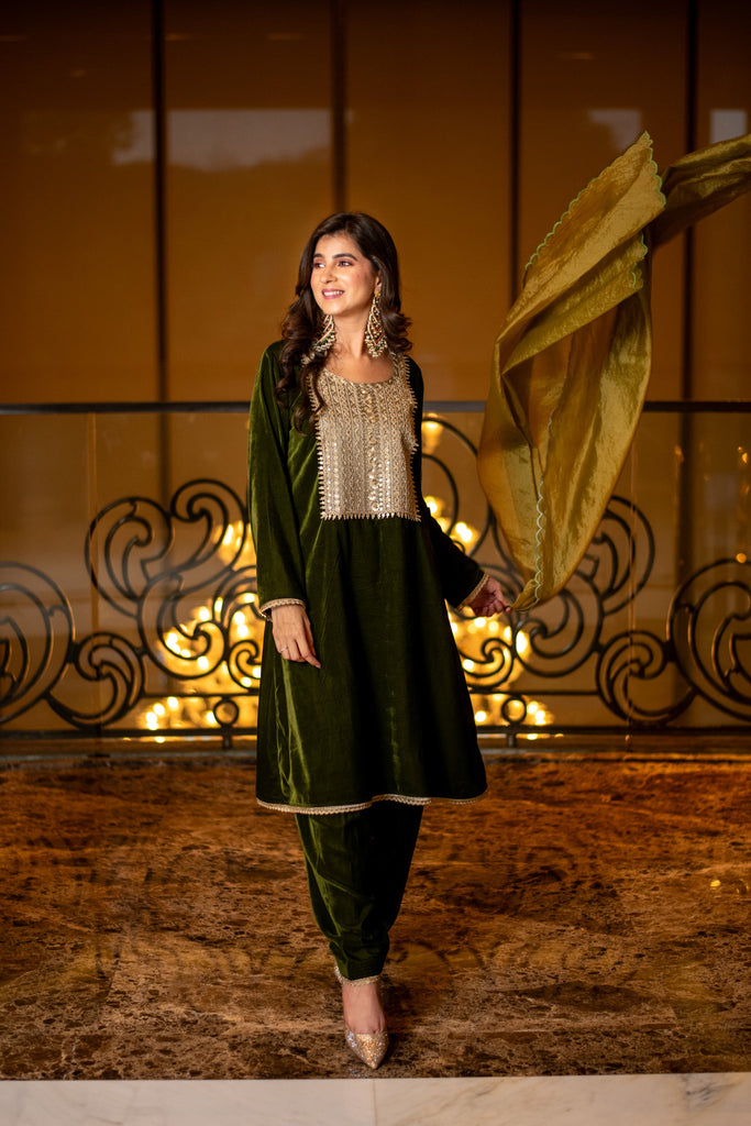 Women's Velvet Dark Olive Kurta Set
