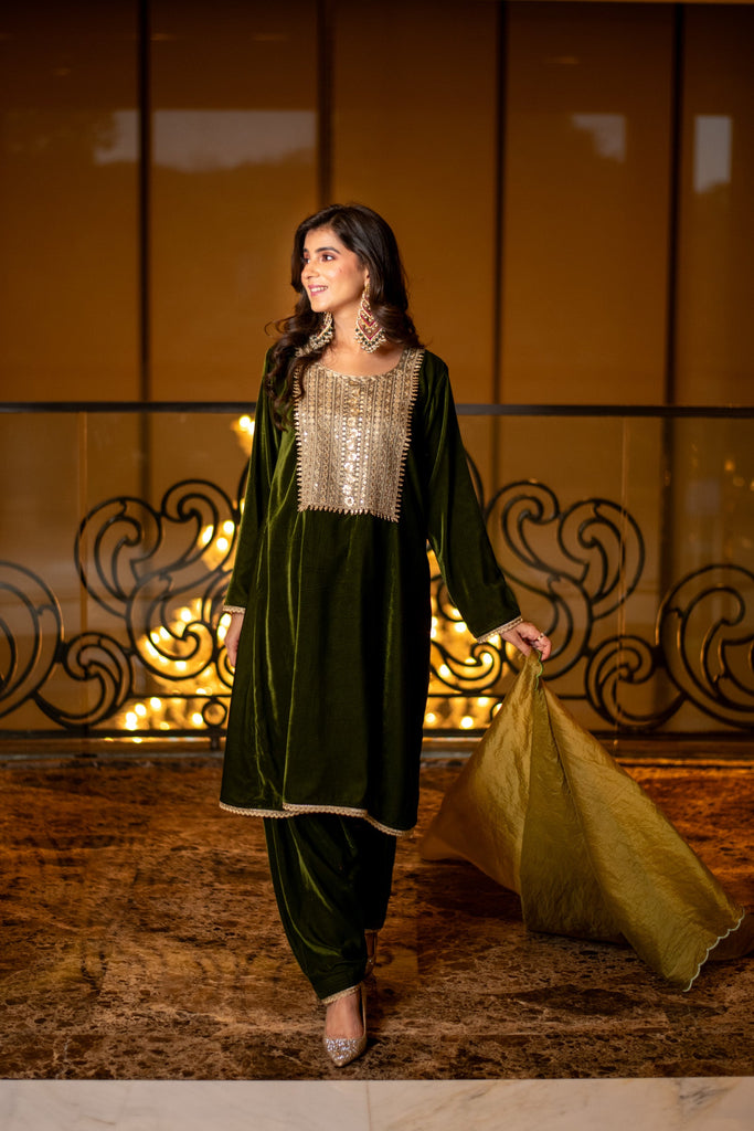 Women's Velvet Dark Olive Kurta Set