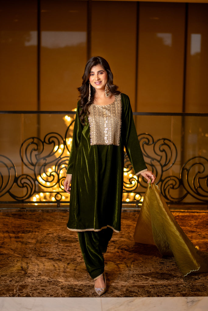 Women's Velvet Dark Olive Kurta Set