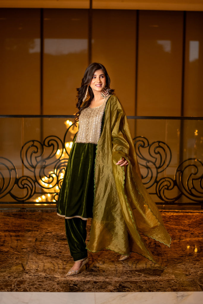 Women's Velvet Dark Olive Kurta Set