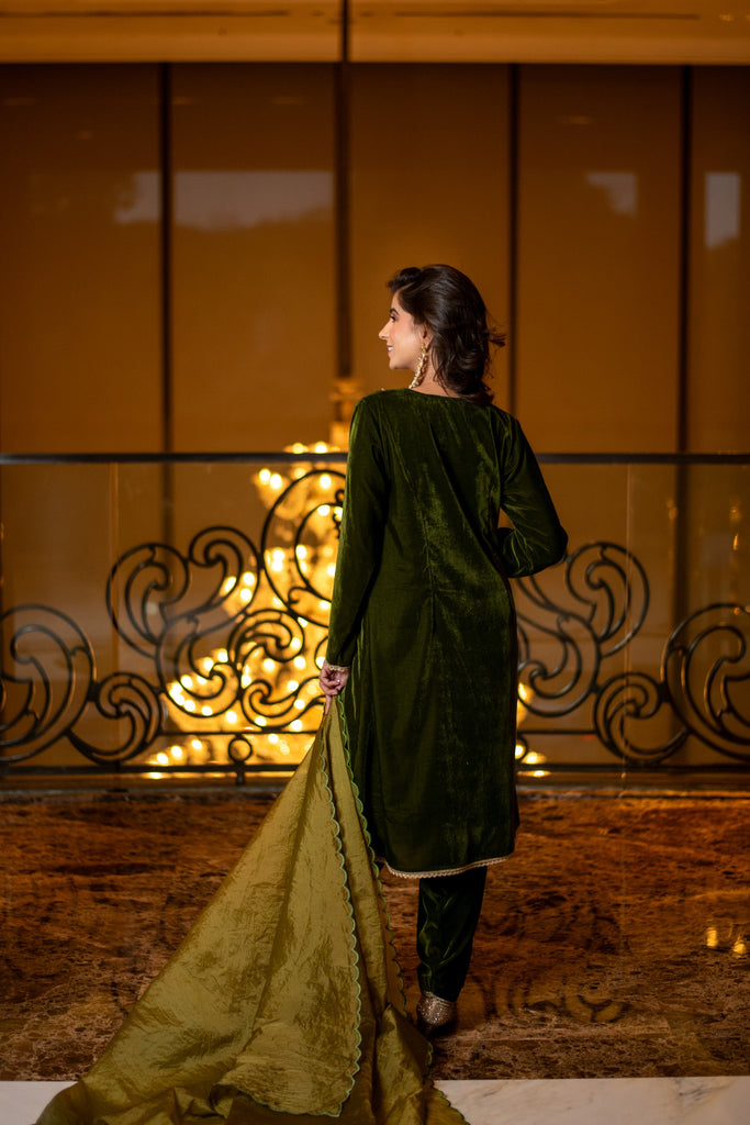 Women's Velvet Dark Olive Kurta Set