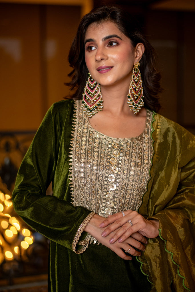Women's Velvet Dark Olive Kurta Set