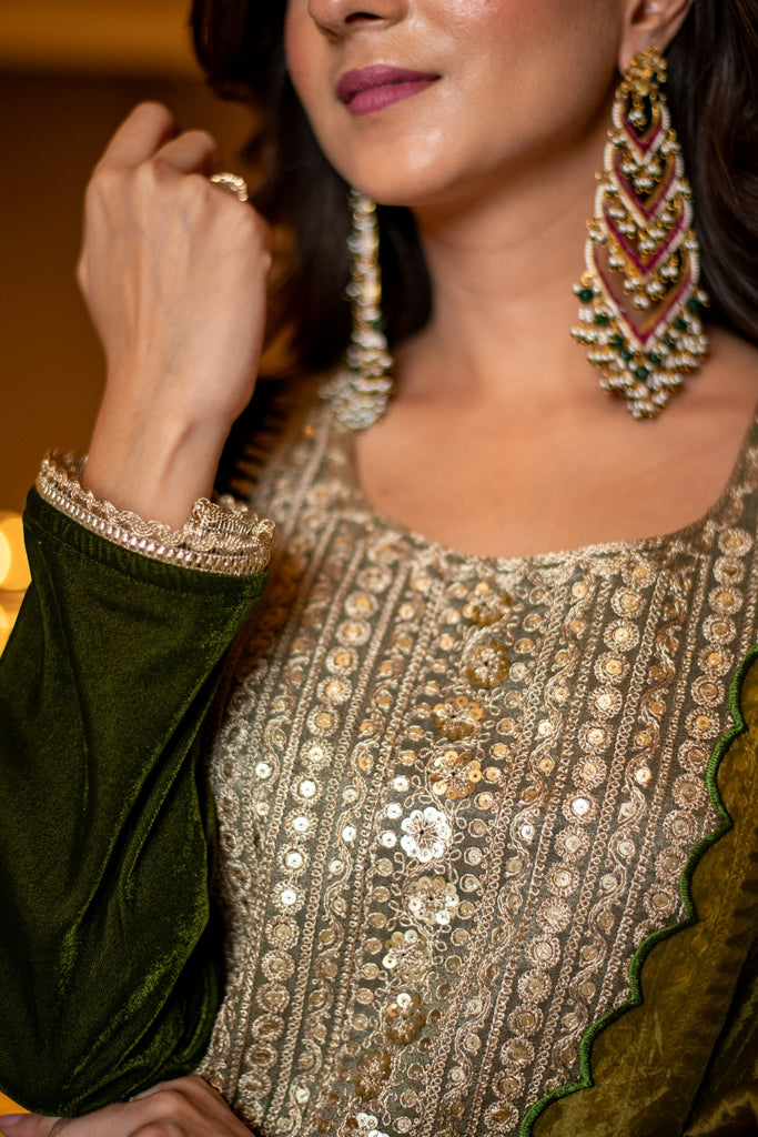 Women's Velvet Dark Olive Kurta Set