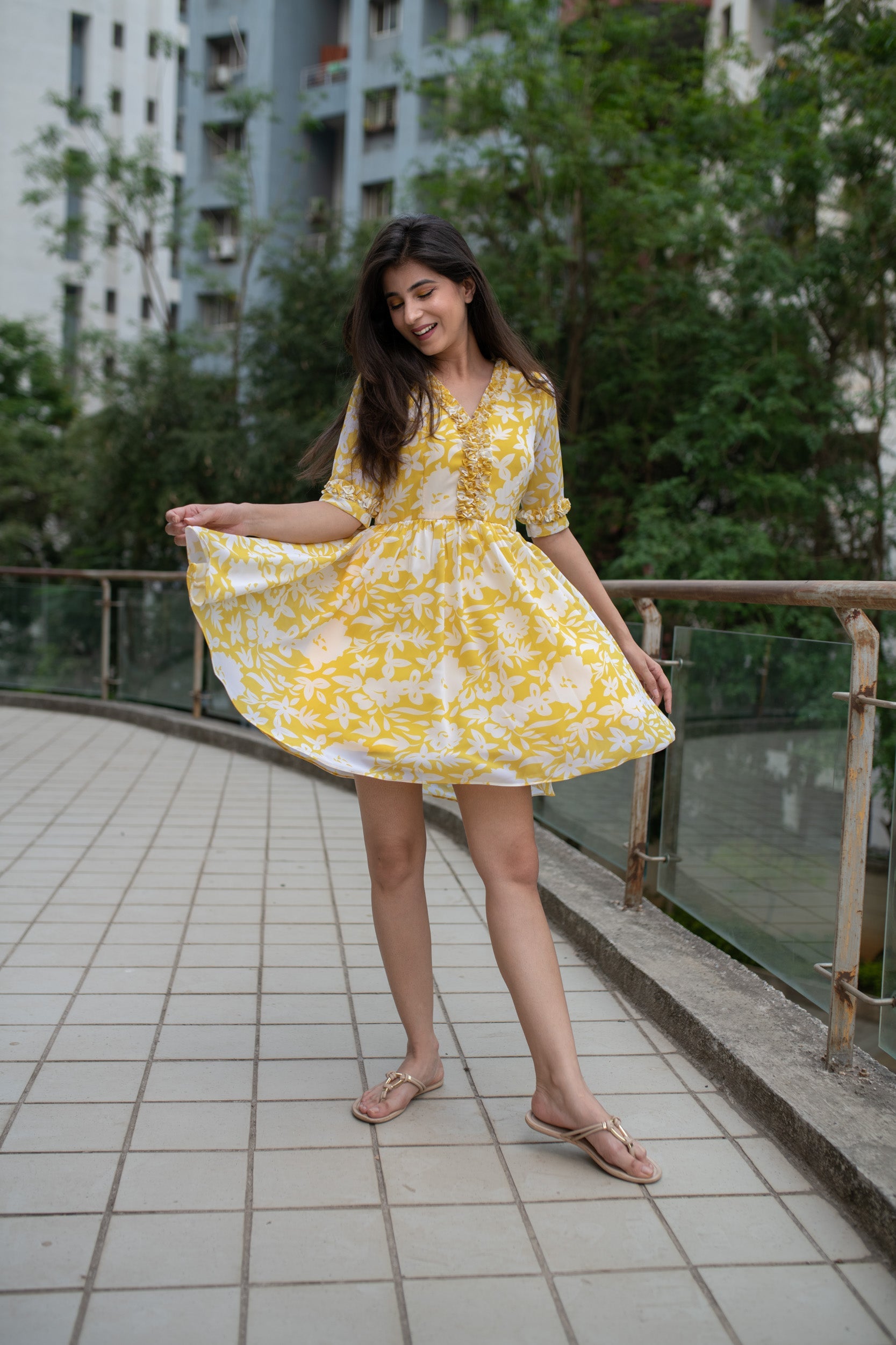 Women's Yellow White Floral Short Dress (1pc) - Label Shaurya Sanadhya