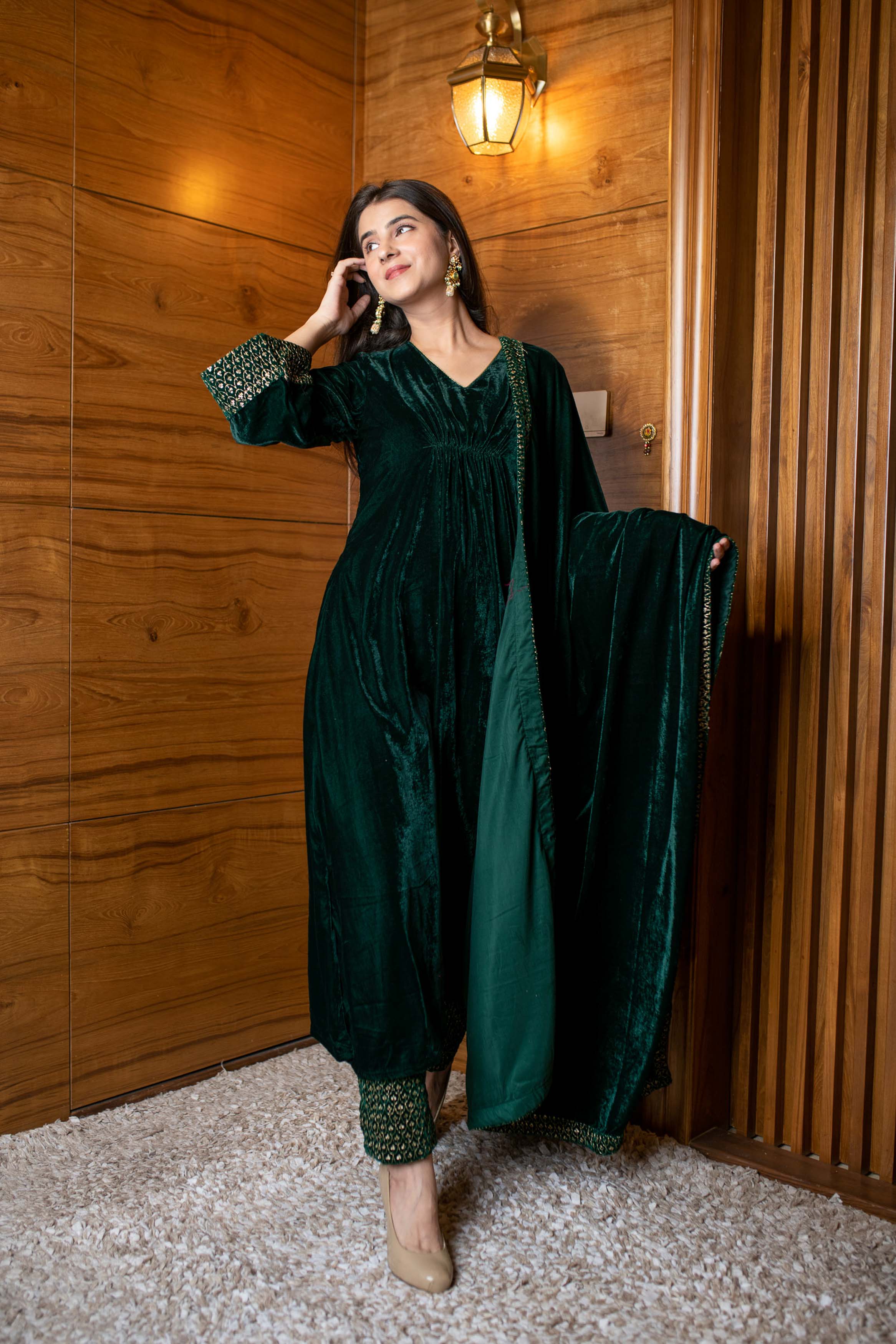 Women's Bottle Green Velvet A Line Kurta Set - Label Shaurya Sanadhya