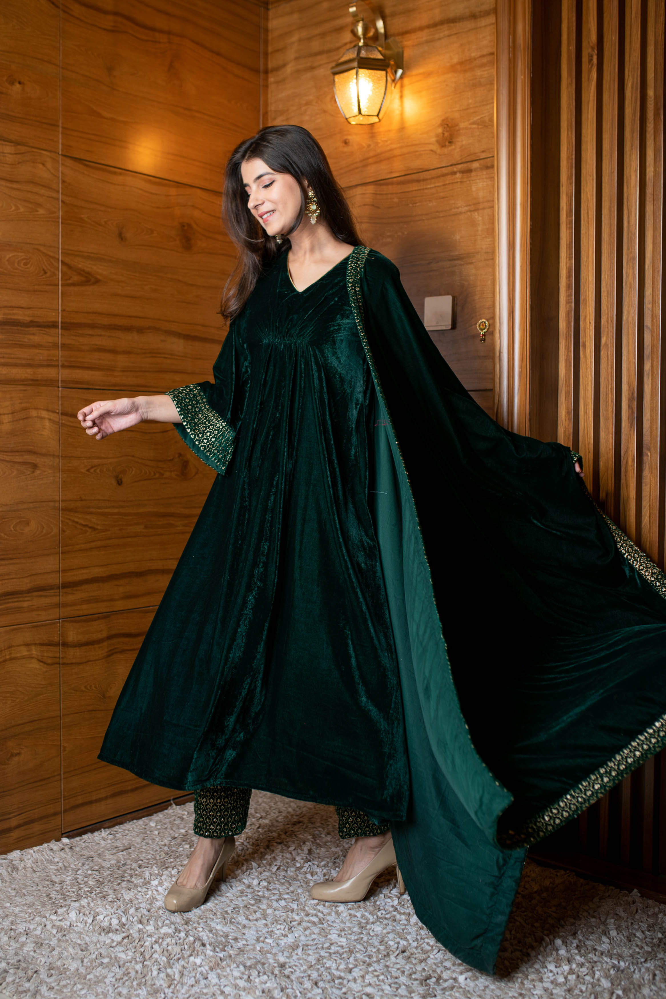 Women's Bottle Green Velvet A Line Kurta Set - Label Shaurya Sanadhya