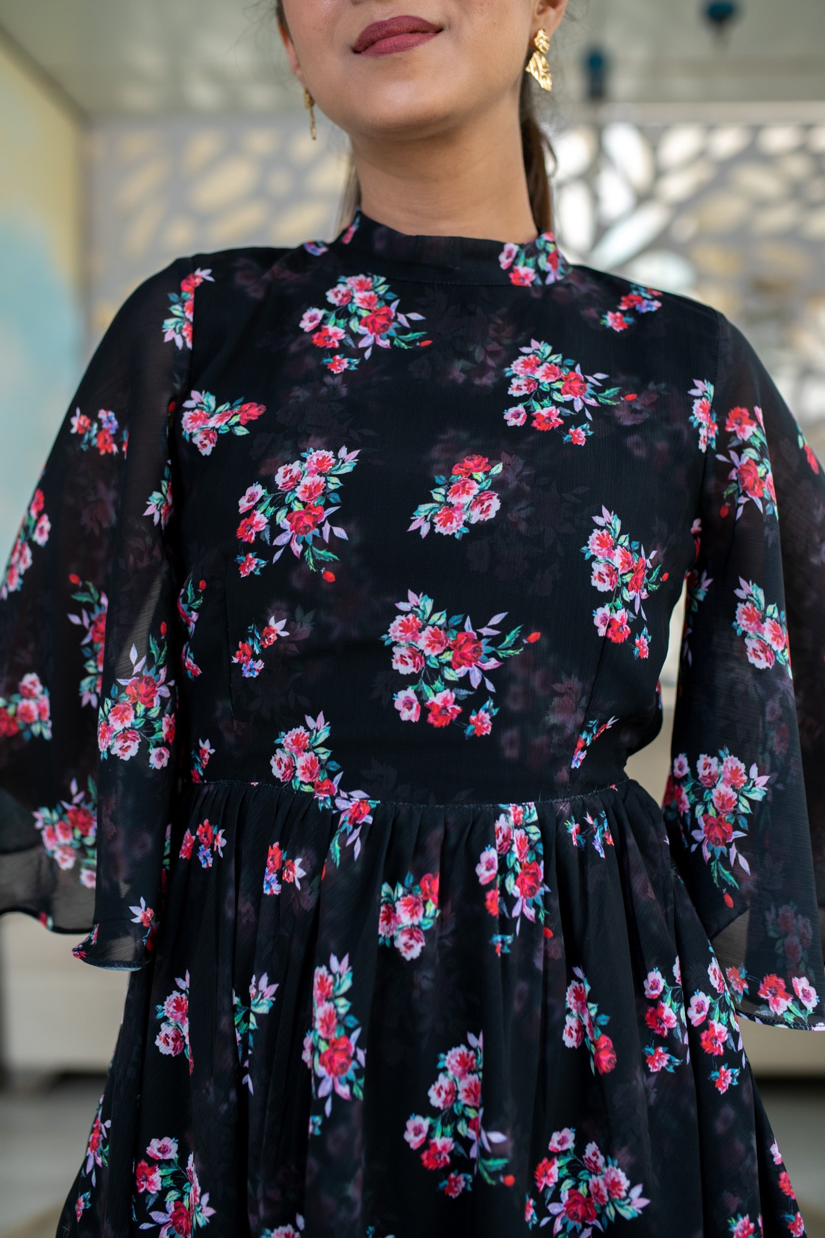 Women's Black Floral Short Dress  (1pc) -  Label Shaurya Sanadhya
