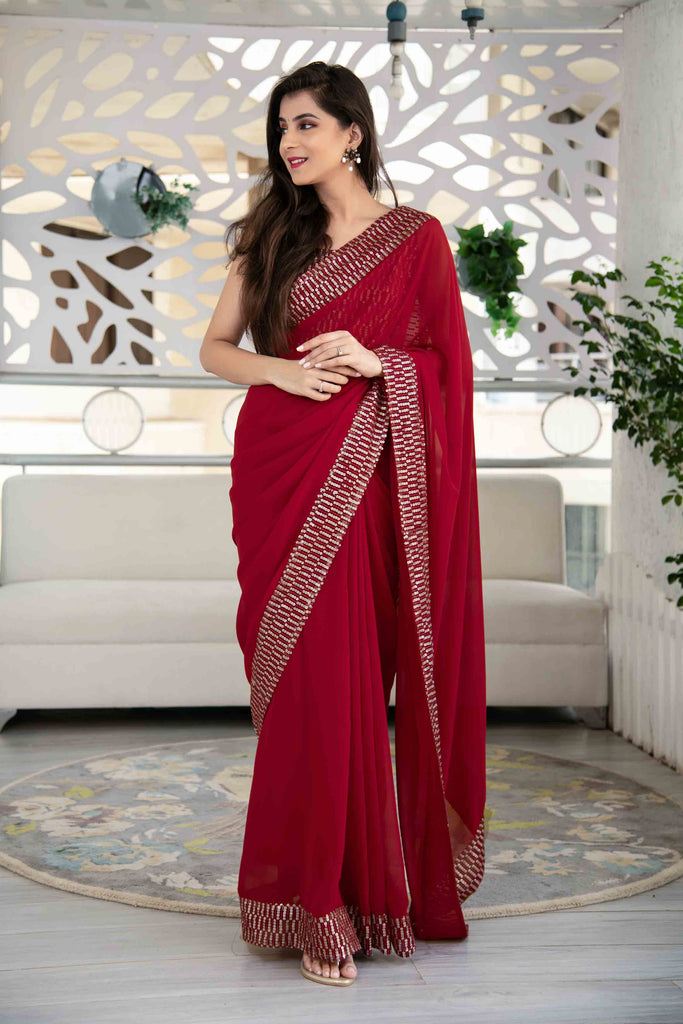 Women's Red Sequin Saree