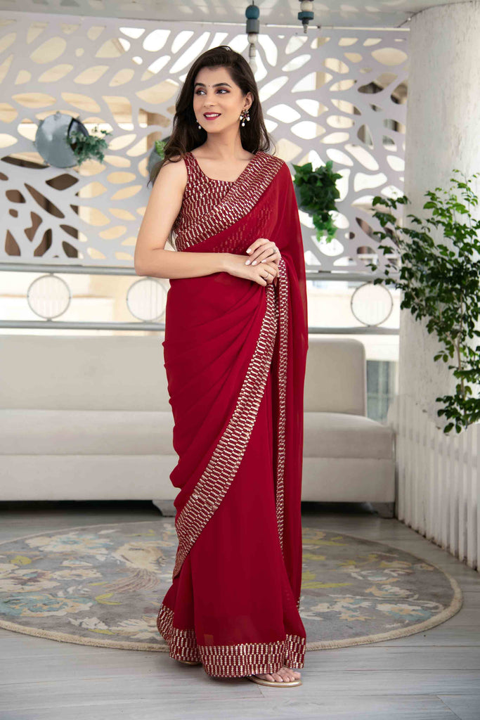Women's Red Sequin Saree