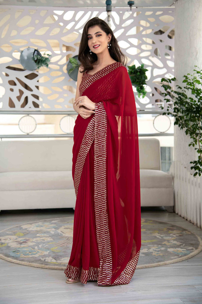 Women's Red Sequin Saree