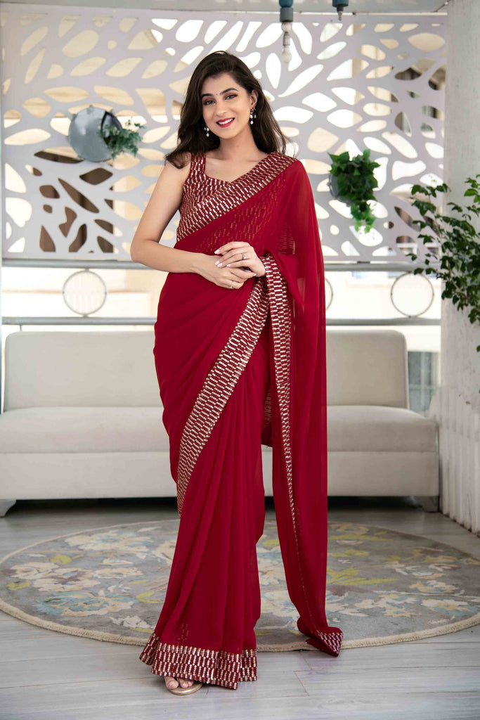 Women's Red Sequin Saree