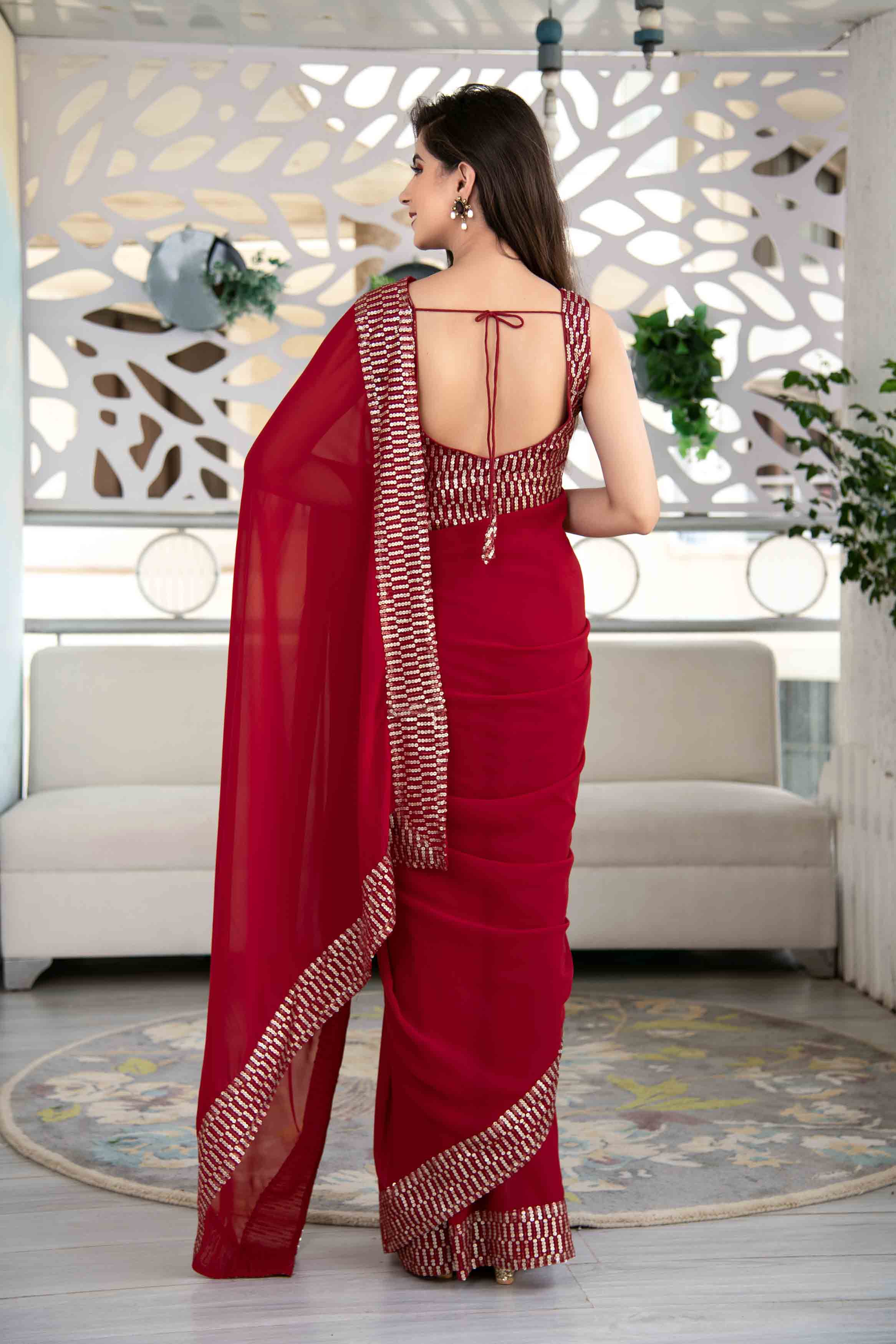 Women's Red Sequin Saree - Label Shaurya Sanadhya