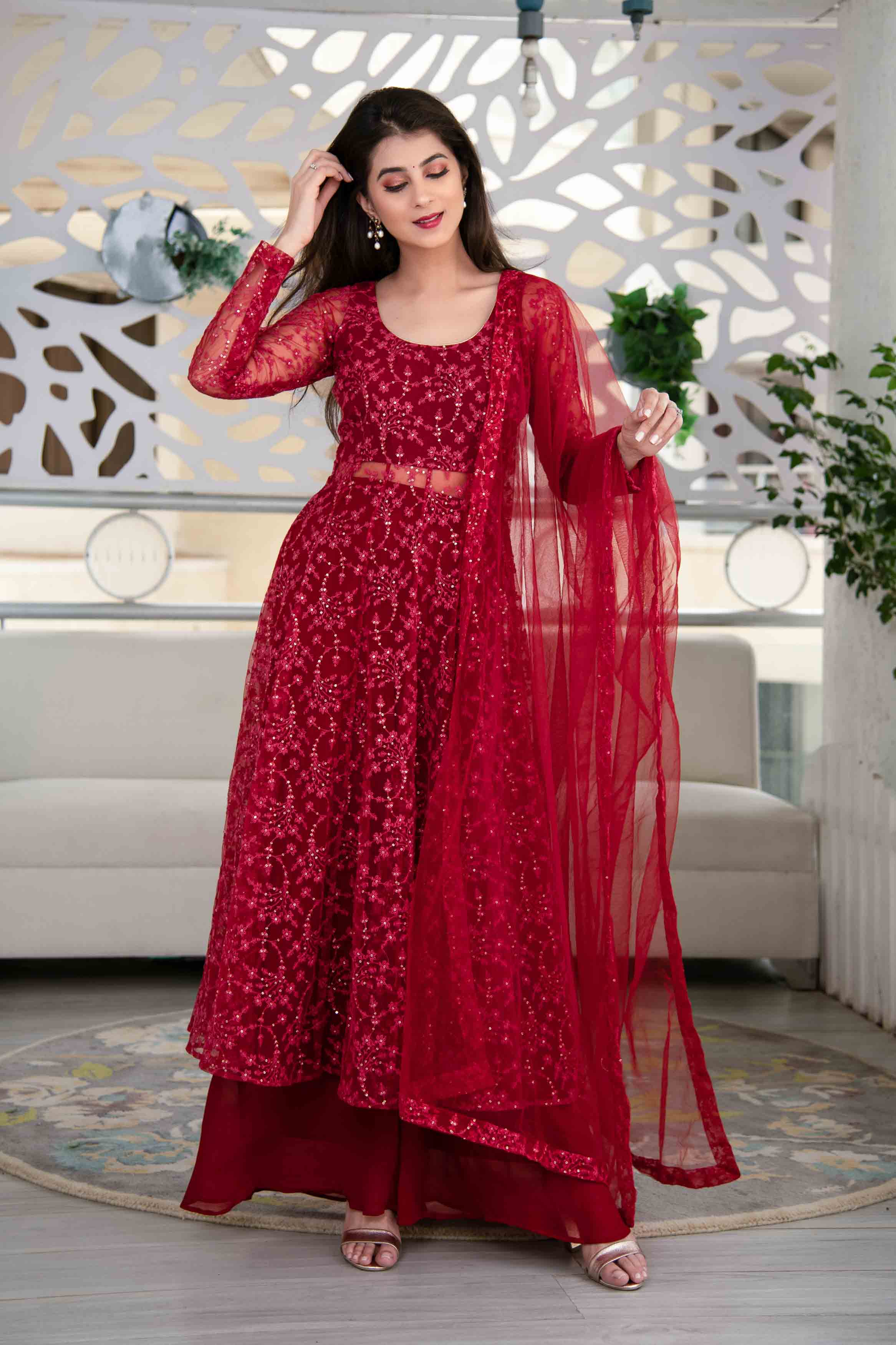 Buy Women's Red Heavy Thread Work Anarkali With Palazzo Label