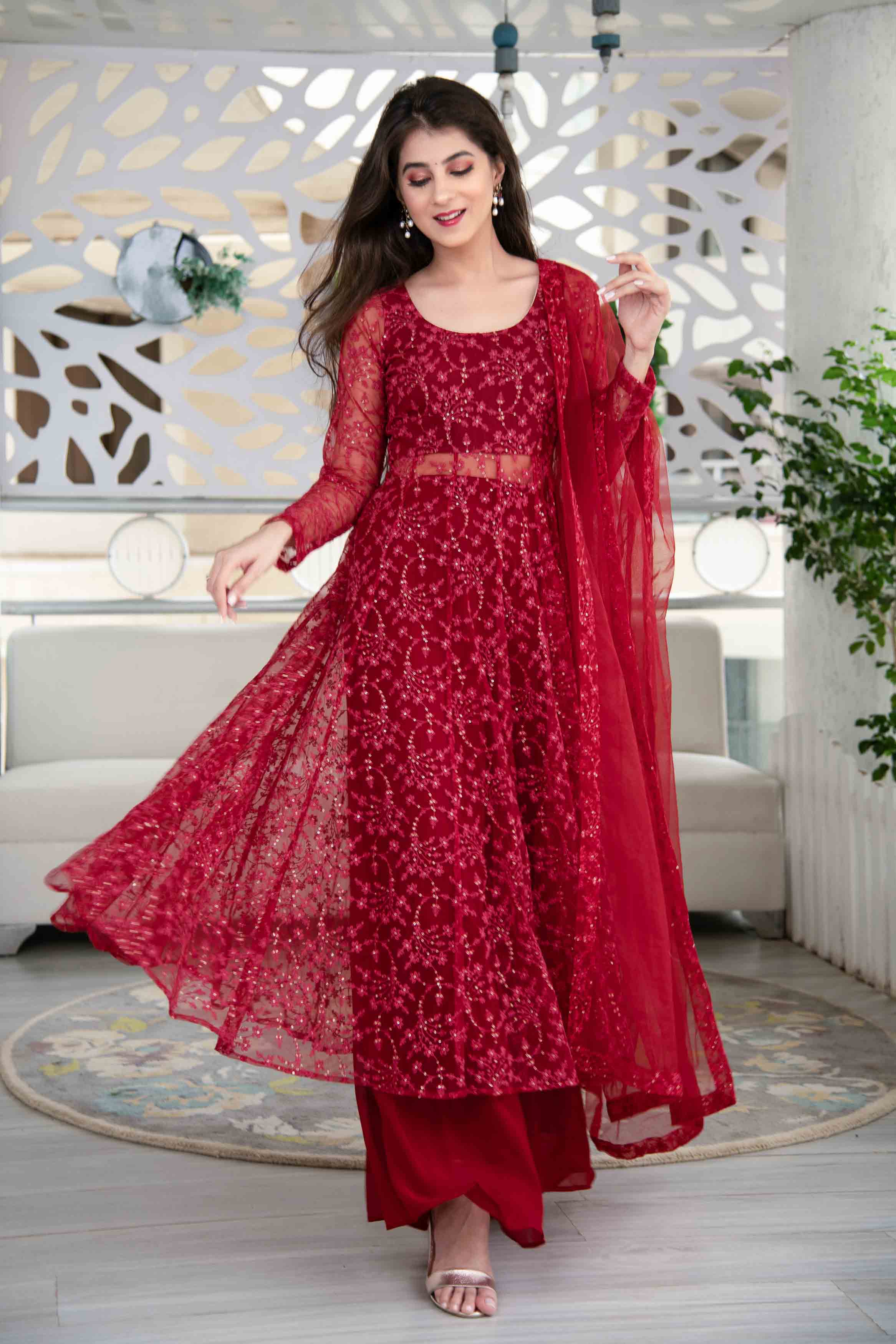 Women's Red Anarkali Suit Set With Palazzo With Net Dupatta - Label Shaurya Sanadhya
