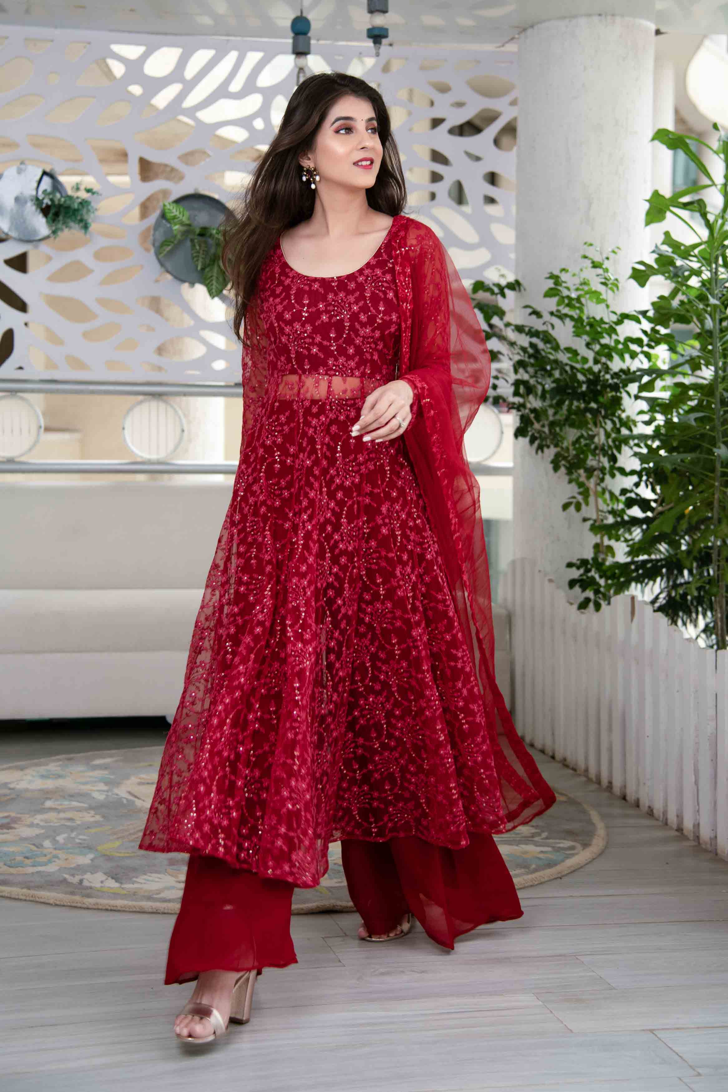 Red Anarkali Suit Set With Palazzo With Net Dupatta S