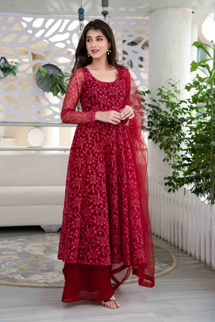 Women's Red Anarkali Suit Set With Palazzo With Net Dupatta