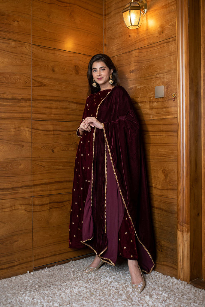 Women's Maroon Velevet A Line Kurta Set