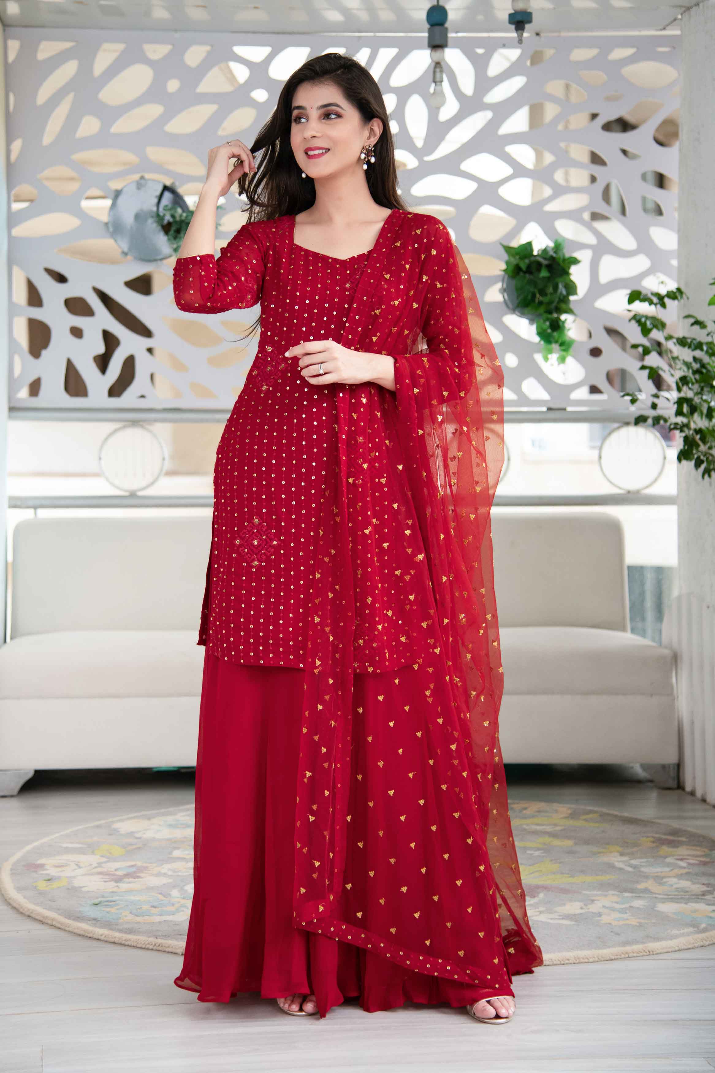 Women's Red Georgette Palazzo Suit Set With Net Dupatta (3 Pc Set) - Label Shaurya Sanadhya