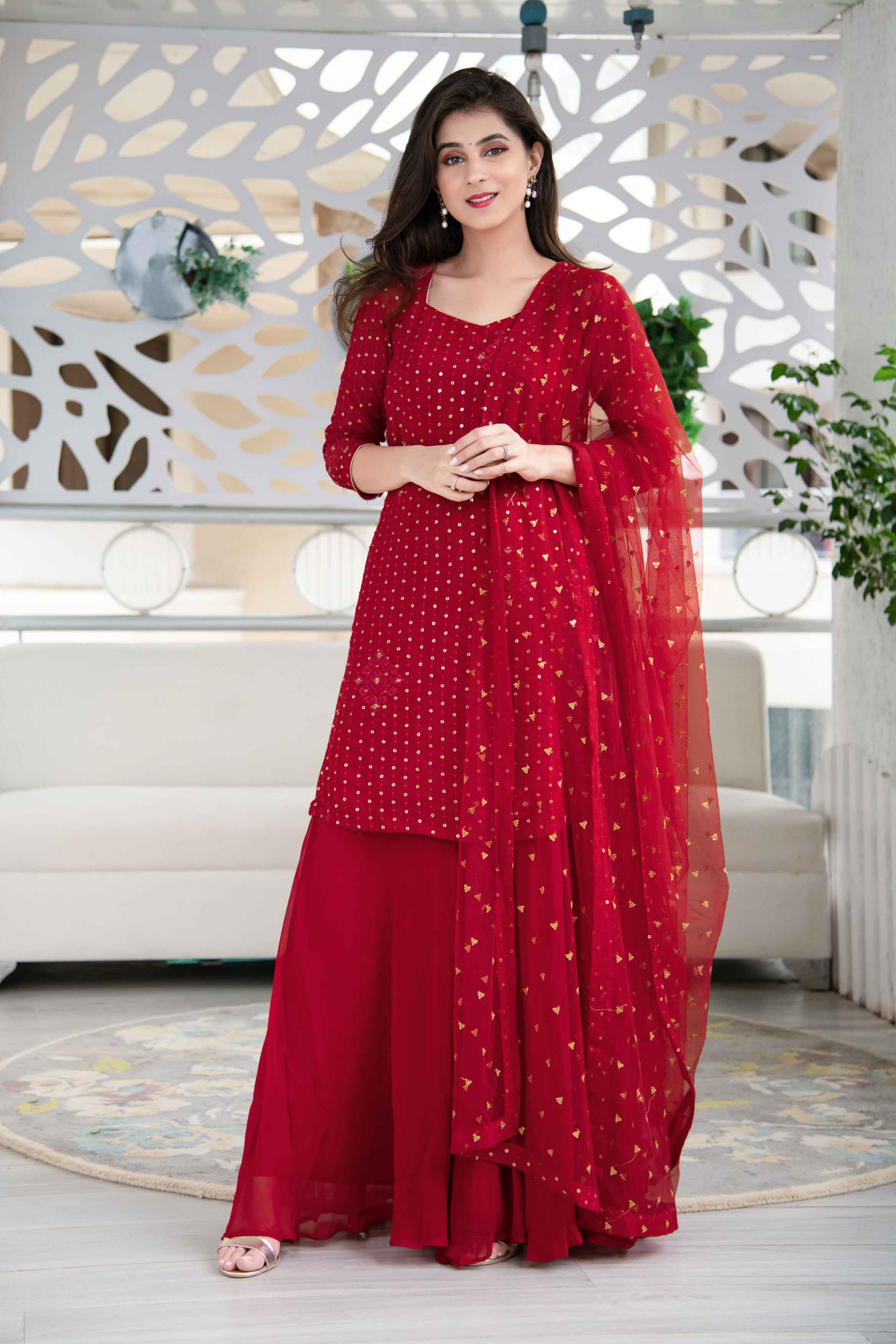 Women's Red Georgette Palazzo Suit Set With Net Dupatta (3 Pc Set) - Label Shaurya Sanadhya