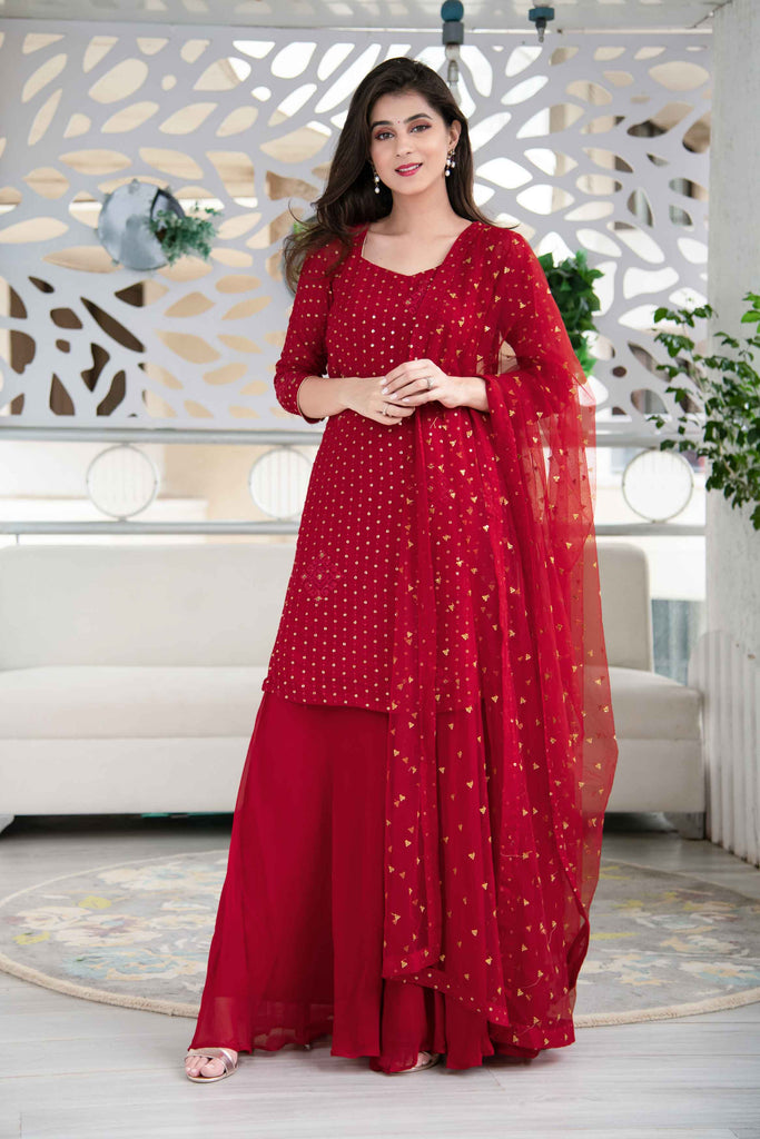 Women's Red Georgette Palazzo Suit Set With Net Dupatta (3 Pc Set)