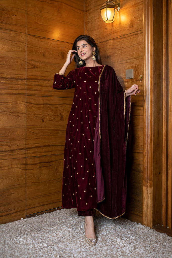 Women's Maroon Velevet A Line Kurta Set