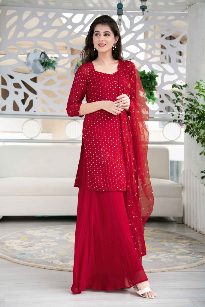 Women's Red Georgette Palazzo Suit Set With Net Dupatta (3 Pc Set)