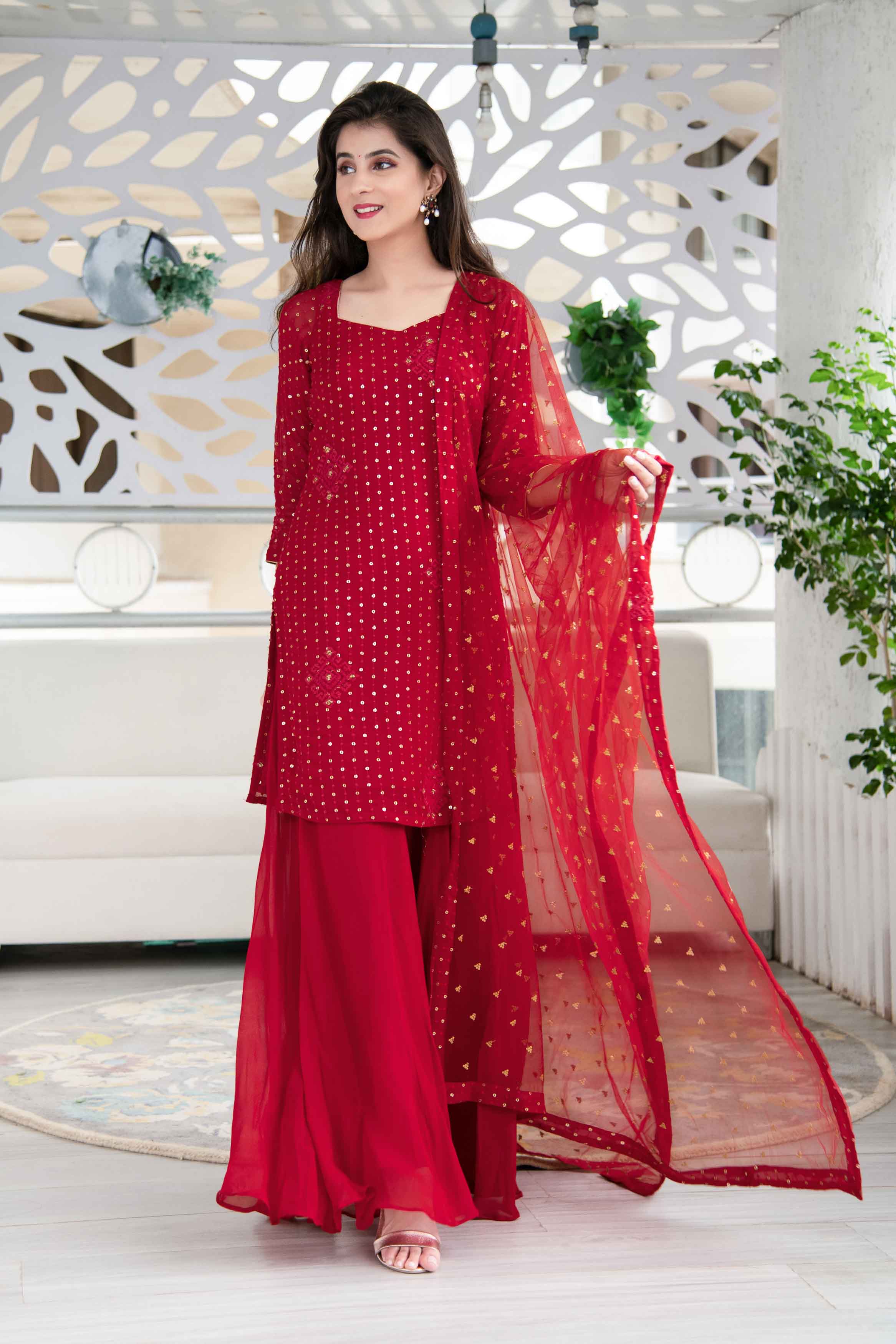 Buy Women's Red Heavy Thread Work Kurta With Palazzo - Label Shaurya ...