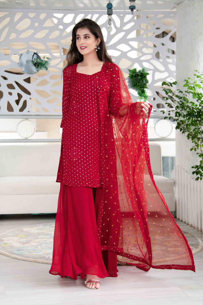Women's Red Georgette Palazzo Suit Set With Net Dupatta (3 Pc Set)