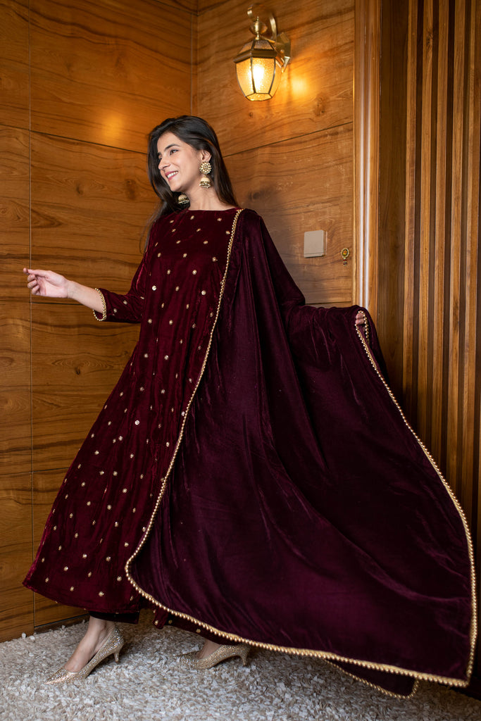 Women's Maroon Velevet A Line Kurta Set
