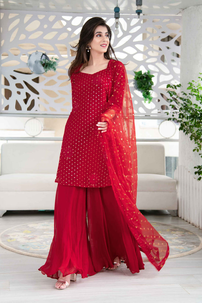 Women's Red Georgette Palazzo Suit Set With Net Dupatta (3 Pc Set)